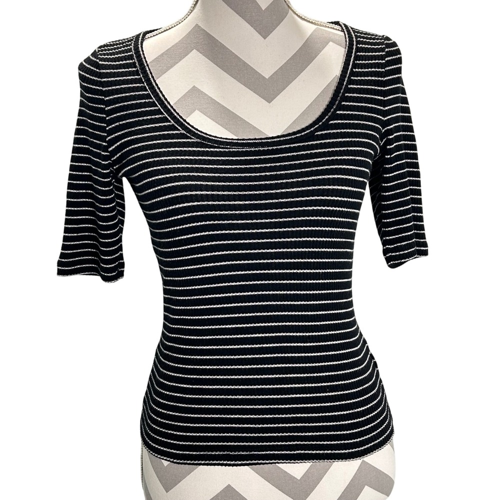 Faherty Legend Striped Ribbed Knit Top Scoop Neck Short Sleeve Tee Womens Small